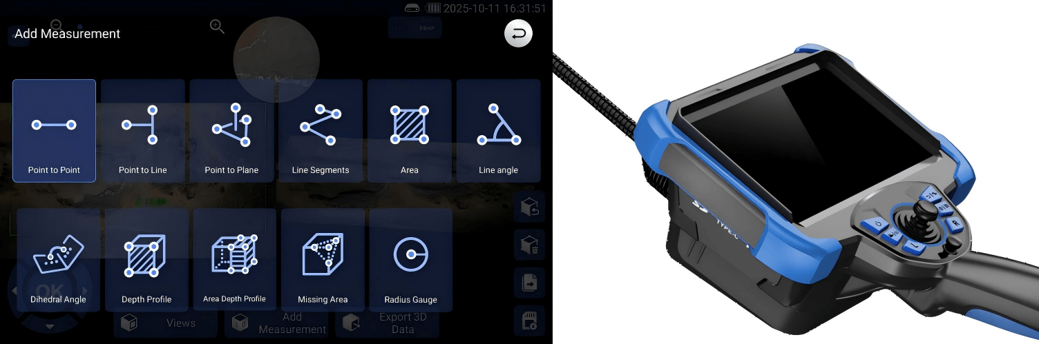 Yateks 3D measuring industrial borescope with full multi-functional measurement menu, featuring point-to-point, area, radius gauge, depth profile and other dimensional measuring functions for aircraft, automotive and machinery defect inspection.