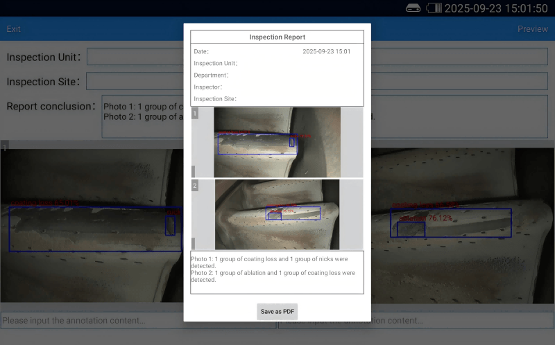 Yateks Realta 3D measurement borescope inspection report interface, upload inspection images, mark coating loss defects, export NDT inspection report as PDF