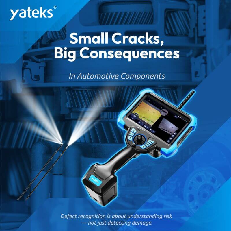 Yateks Realta 3D measurement borescope promotional poster, portable industrial videoscope for internal crack and defect inspection in aerospace and automotive predictive maintenance