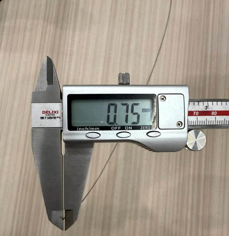 Digital caliper verifies 0.75mm diameter of Yateks ultra slim borescope probe