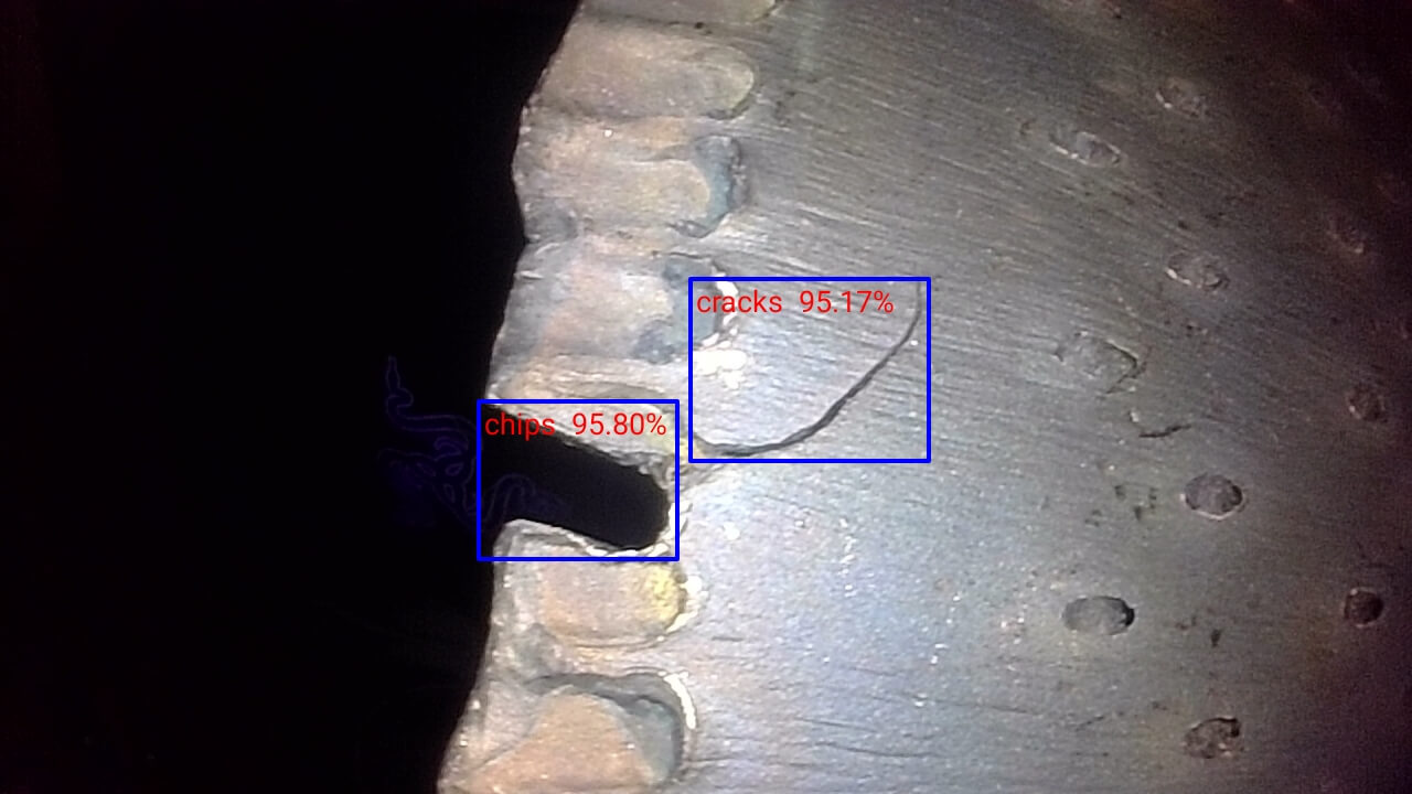 Yateks industrial videoscope AI inspection, automatic detection of coating loss, chips and multiple surface cracks on metal component