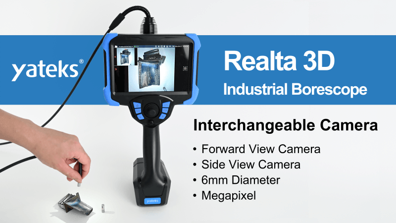 Realta 3D interchangeable camera module for 6mm industrial borescope, forward and side view RVI NDT inspection
